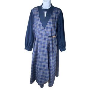 Twee Preppy Blue Plaid Long Sleeve Wrap School Girl Midi Dress size Medium